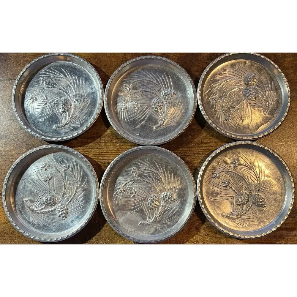 6 Vintage Hand Forged Everlast Hammered Metal Coasters Pine Cones and Branches